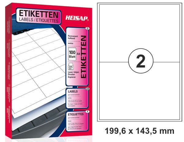 HEISAP HEI 032 Drucker-Etiketten 199,6 x 143,5mm Weiß universal permanent klebend 100 Bogen A4 mit je 2 Etiketten (200 Etiketten)