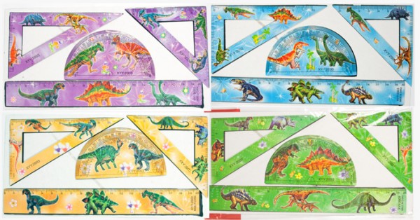 4 teiliges Kinder Lineal Set Dinos 4 Farben Dreieck Winkelmesser Schule (100 Stück)