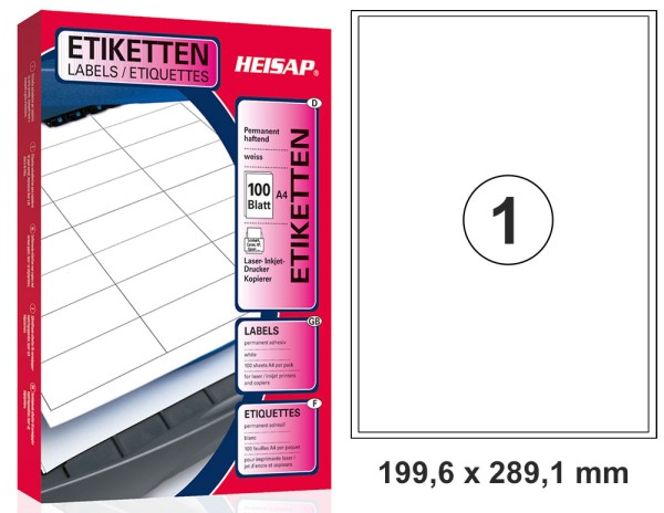 HEISAP HEI 031 Drucker-Etiketten 199,6 x 289,1mm Weiß universal permanent klebend 100 Bogen A4 mit je einem Etikett (100 Etiketten)