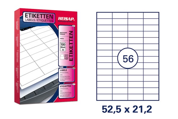 HEISAP HEI 003 Drucker-Etiketten 52,8 x 21,2mm Weiß universal permanent klebend 100 Bogen A4 mit je 56 Etiketten (5600 Etiketten)